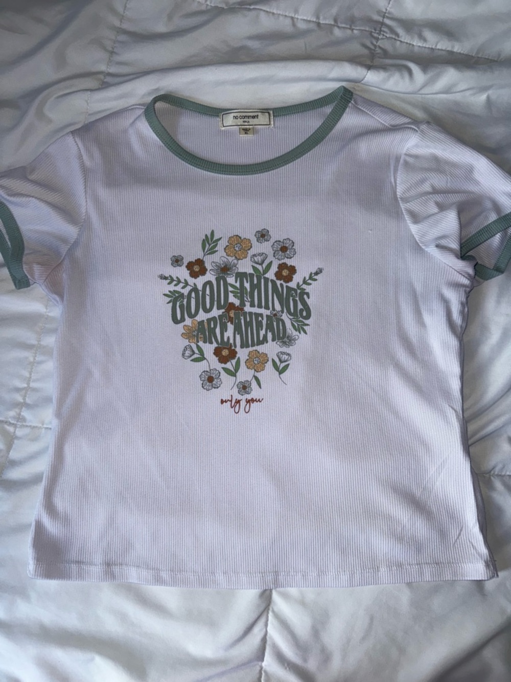 No Comment Kids White Ringer Tee with Green Trim - 'Good Things Are Ahead'